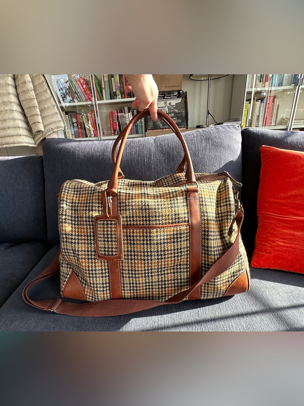 J.Crew vintage wool leather houndstooth overnight bag duffel brown tan